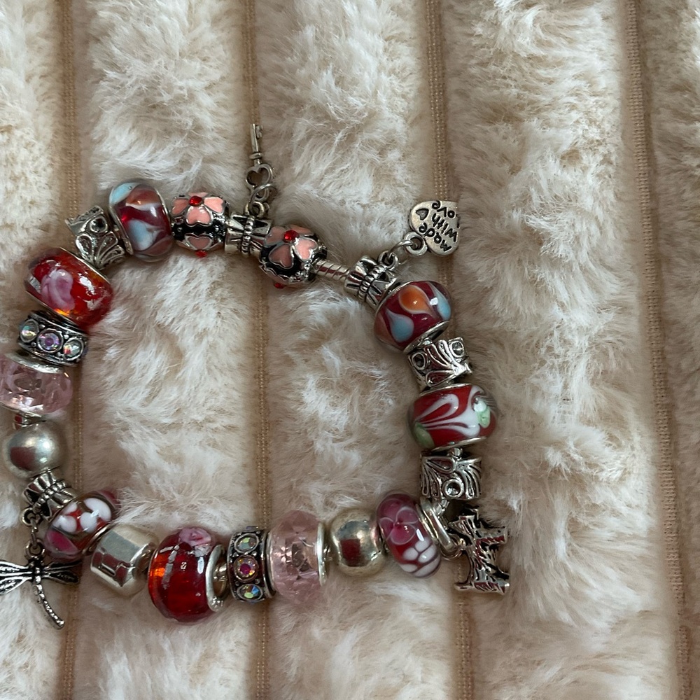 Elegant Silver and Red Charm Bracelet